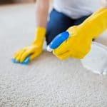 Woman cleaning the carpet with cloth and detergent