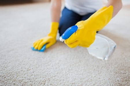 Woman cleaning the carpet with cloth and detergent