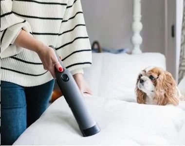 Woman using a handheld vacuum to remove dog hair on mattress