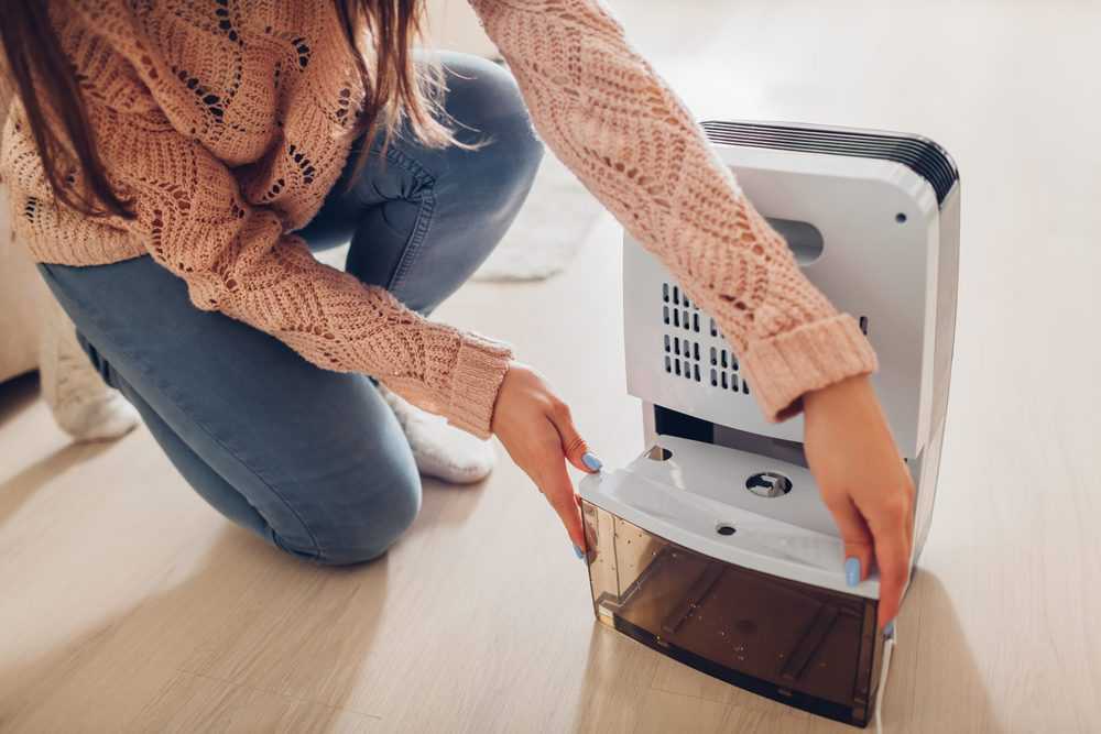 Woman changing water container of dehumidifier