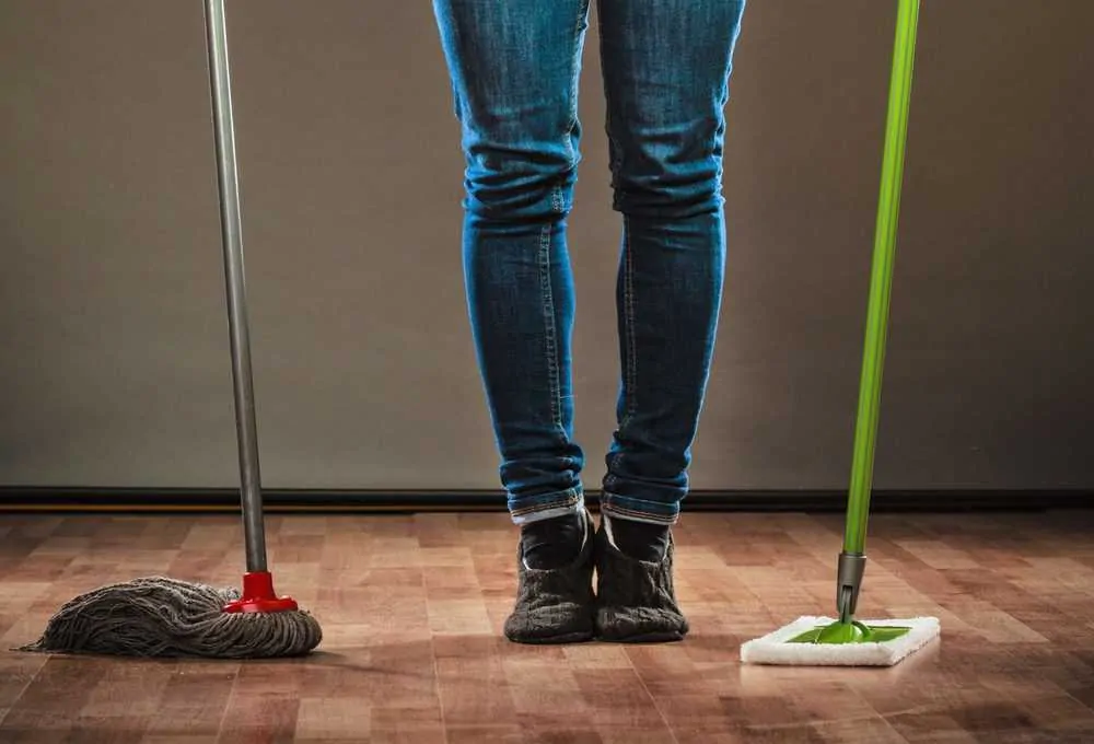 Woman holding two types of mops