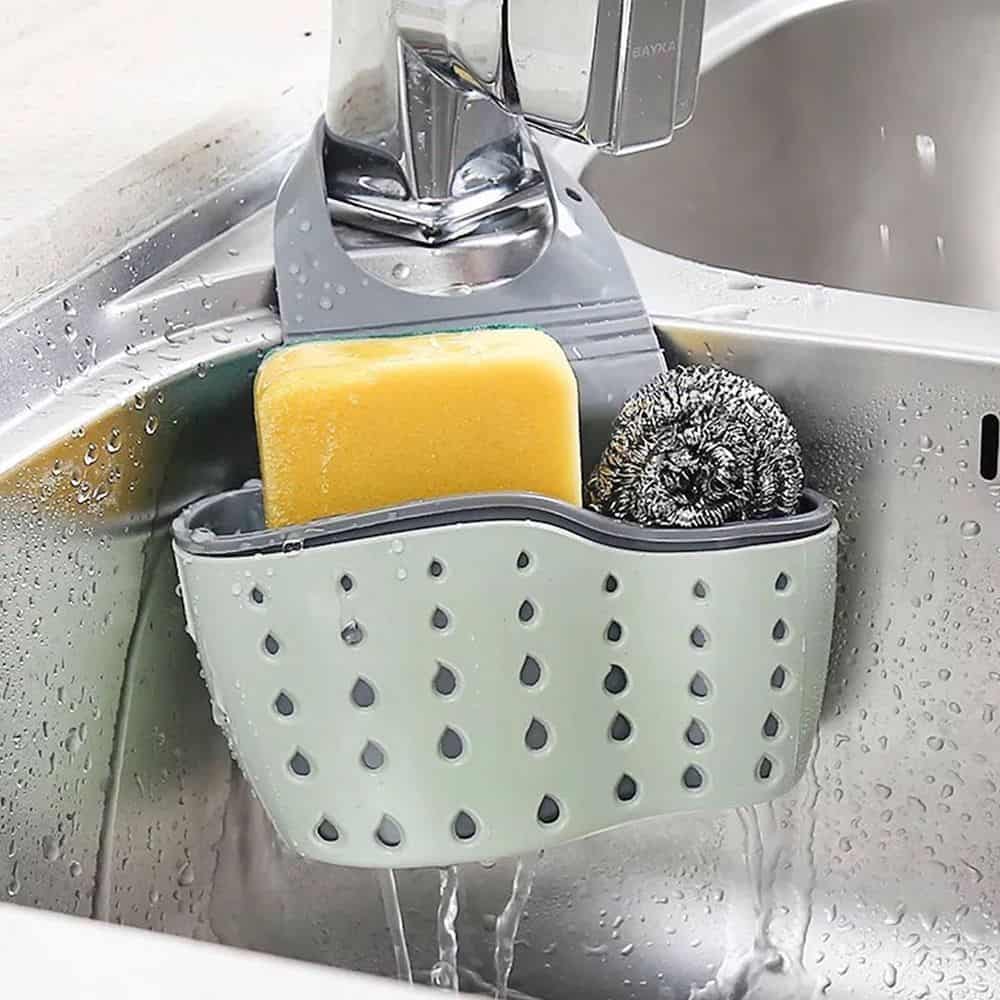 Nieifi Kitchen Sink Caddy Organizer with an Elegant Hand and Dish Soap Dispenser Sponger Brush Holder Plastic Gray A Premium Spare Pump Included 