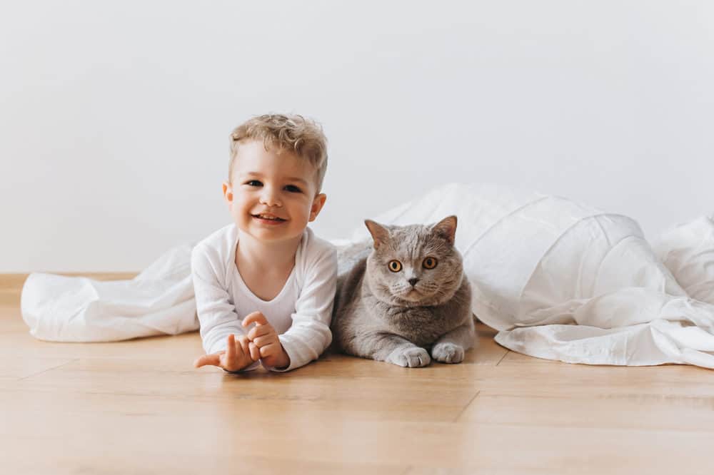 Cute toddler lying on the floor with pet cat