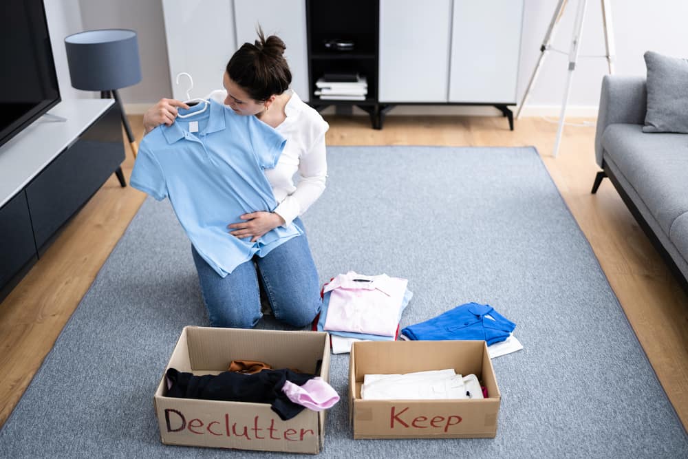 Woman decluttering and sorting clothes