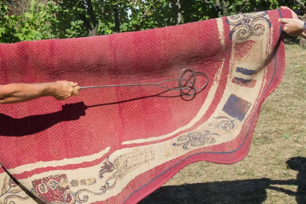 Cropped image of men beating dust and shaking dirt out of a rug using rug beater 