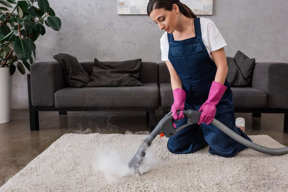 Woman steam cleaning the rug in the living room
