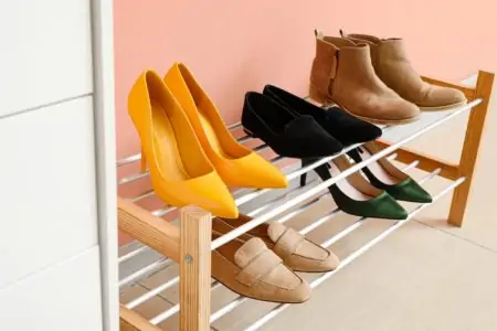 Wood shoe stand with different types of shoes