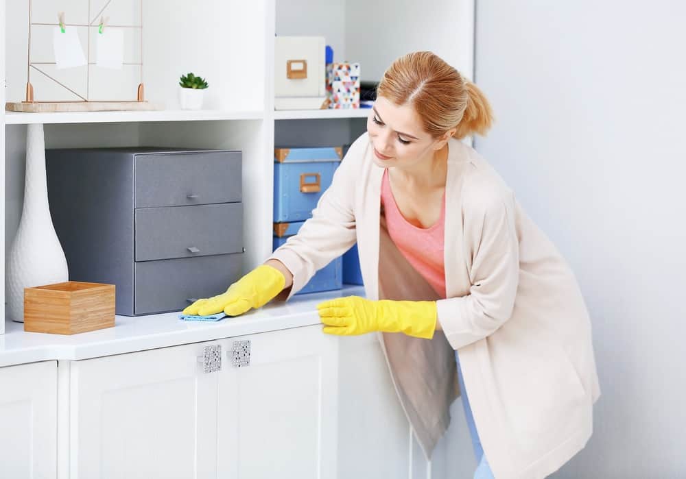 Woman wiping furniture at home