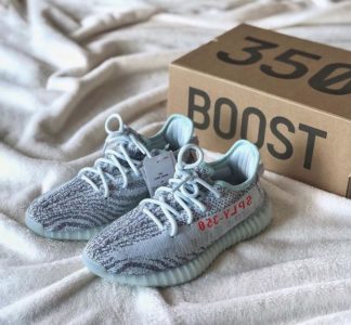 Yeezys Boost 350 Shoes in blue tint color and a shoe box