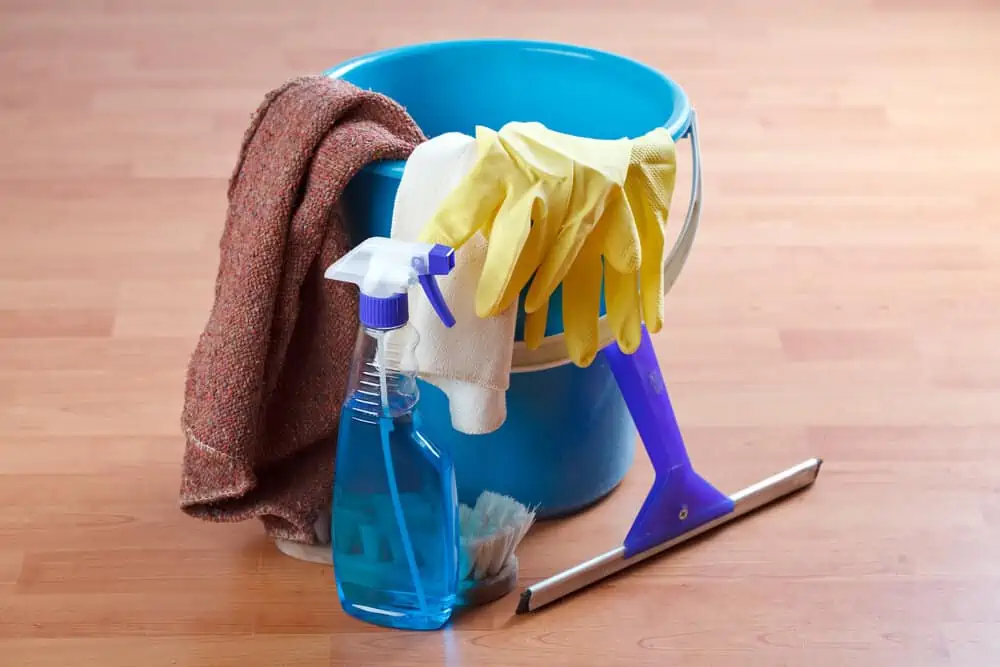 Cleaning tools on wooden floor