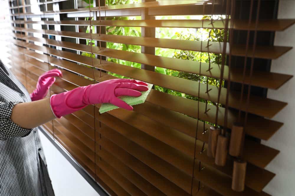Cleaner in pinks gloves wiping wooden blinds using green cloth