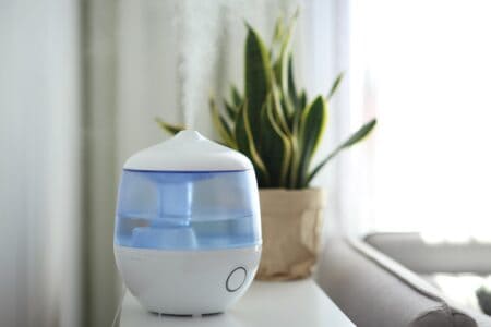 Vicks humidifier on table in living room with indoor plant in the back