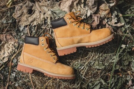 Pair of timberland yellow boots on the ground