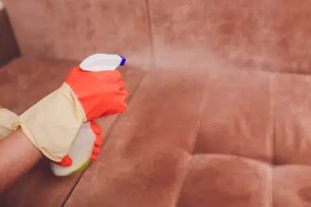 Woman cleaning the couch by spraying cleaning solution