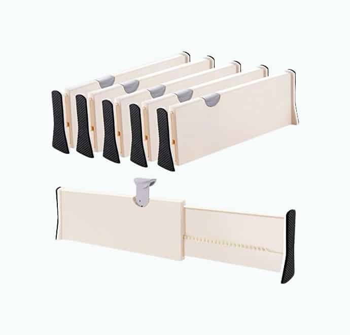 Product Image of the Drawer Dividers Organizer 5 Pack, Adjustable Separators 4' High Expandable from 11-17' for Bedroom, Bathroom, Closet,Clothing, Office, Kitchen Storage, Strong Secure Hold, Foam Ends, Locks in Place
