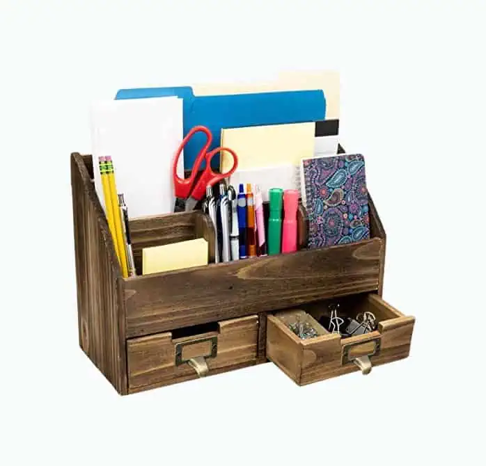 Product Image of the EXCELLO GLOBAL PRODUCTS Rustic Wood Office Desk Organizer: Includes 6 Compartments and 2 Drawers to Organize Desk Accessories, Mail, Pens, Notebooks, Folders, Pencils and Office Supplies (Dark Brown)