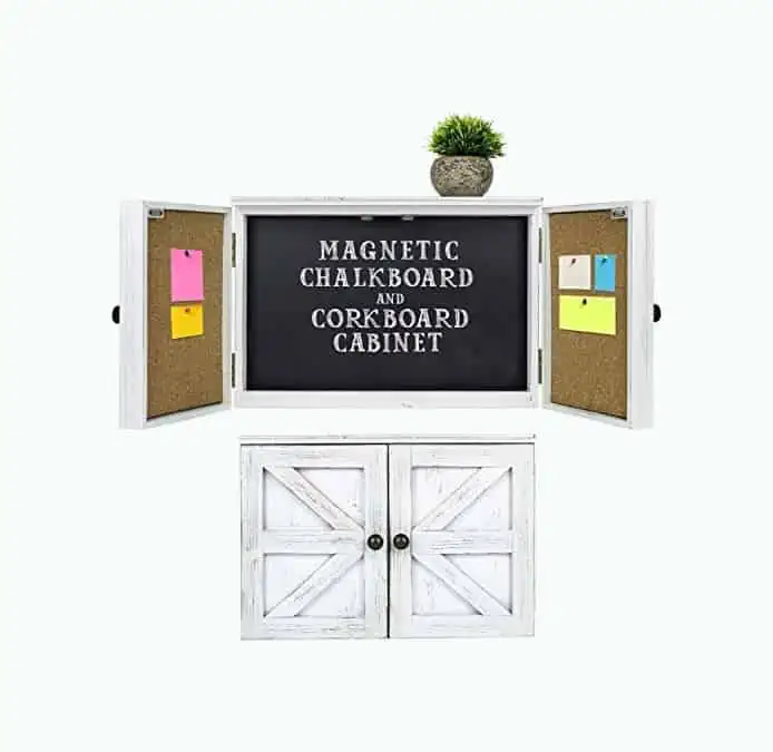Product Image of the Excello Global Products Wooden Rustic Magnetic Chalkboard: 12' x 17' Wall Mounted Entryway Cabinet Includes Cork Board and Erasable Chalk Board Organizer Display Shelf and Key Hooks (White)