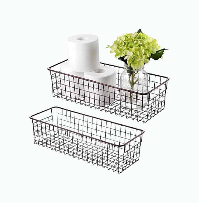 Product Image of the Farmhouse Decor Metal Wire Storage Organizer Bin Basket(2 Pack) - Rustic Toilet Paper Holder - Home Storage Organizer for Bathroom, kitchen cabinets,Pantry, Laundry Room, Closets, Garage (Bronze)