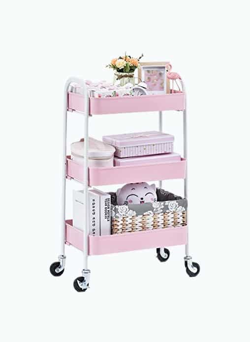 Product Image of the TOOLF 3 Tier Rolling Cart, No Screw Metal Utility Cart, Easy Assemble Utility Serving Cart, Sturdy Storage Trolley with Handles, Locking Wheels, for Classroom Office Home Bedroom Bathroom, Pink