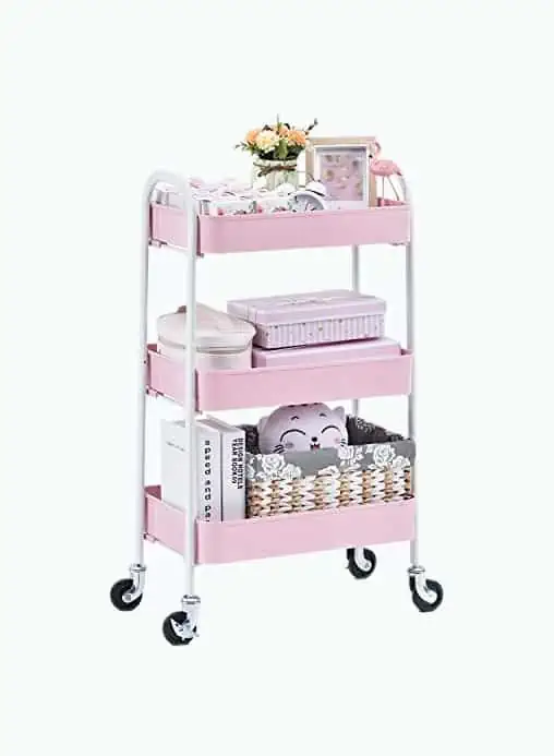 Product Image of the TOOLF 3 Tier Rolling Cart, Metal Utility Cart No Screw, Easy Assemble Utility Serving Cart, Sturdy Storage Trolley with Handles, Locking Wheels, for Classroom Office Home Bedroom Bathroom, Pink