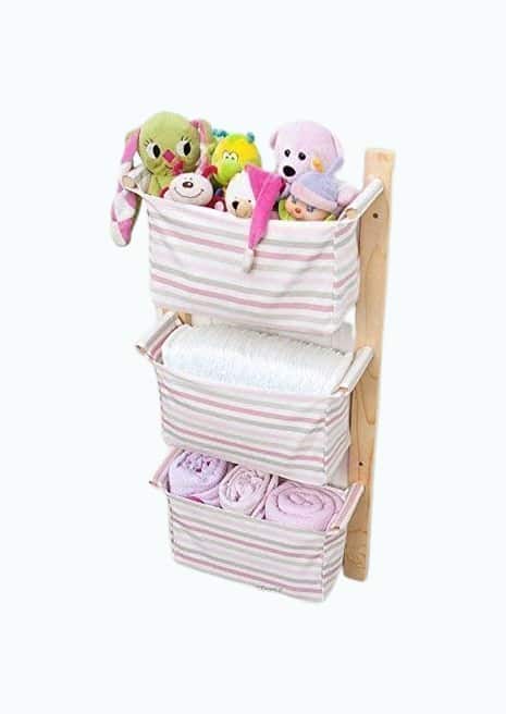 Product Image of the Wall Hanging Pocket Organizer with 3 fabric pockets - Wall mountable Storage Bins for Kids room - PINK colors and ptterns